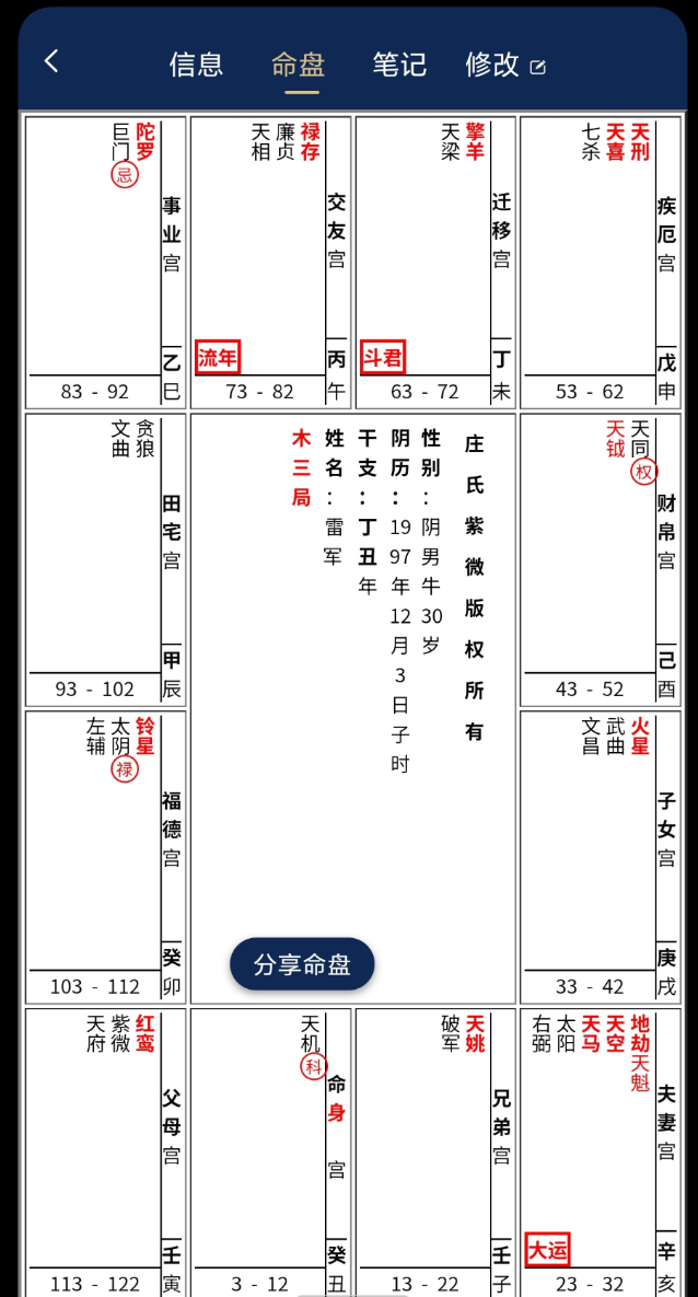 庄氏紫薇给自己算命app 排盘、学习、命盘分析、命盘笔记、案例分享等功能
