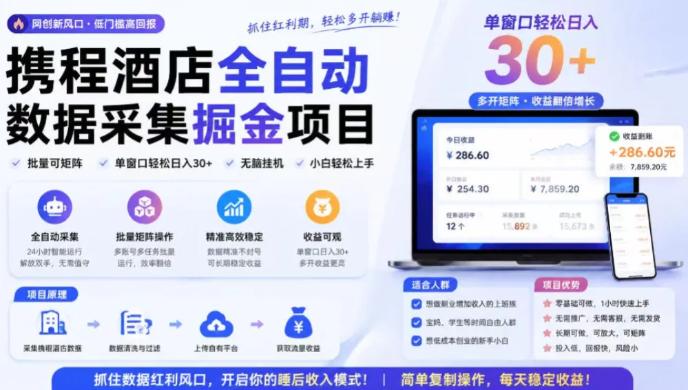 携程酒店全自动采集项目,全程自动浏览,可批量矩阵放大,单机日收300+ 携程酒店全自动采集项目,全程自动浏览,可批量矩阵放大,单机日收300+