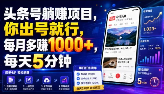 头条号躺賺项目，你出号就行，每月多賺1000+，每天5分钟，坐等分米