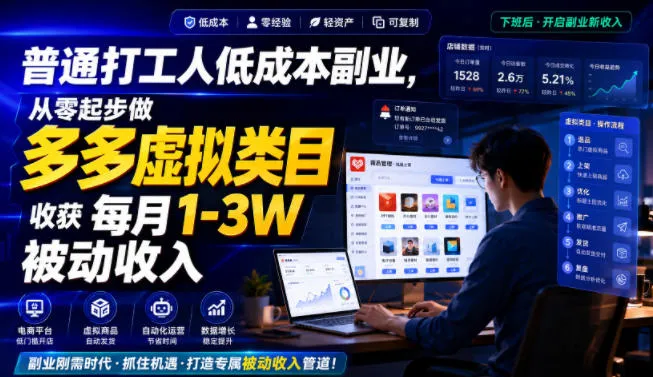 普通打工人低成本副业，从零起步做多多虚拟类目，收获每月1-3W被动收入