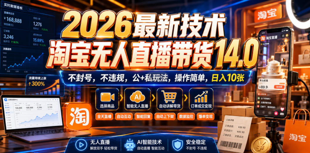 2026最新技术,淘宝无人直播带货14.0,不封号,不违规,公+私玩法,操作简单,日入10张 2026最新技术,淘宝无人直播带货14.0,不封号,不违规,公+私玩法,操作简单,日入10张