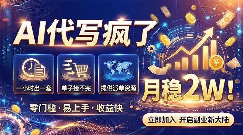 2026捡钱副业:AI写稿一单5张,免费派单群,0门槛直接干 2026捡钱副业:AI写稿一单5张,免费派单群,0门槛直接干