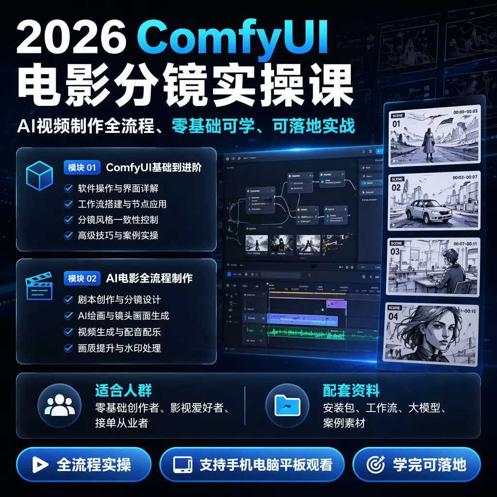 2026ComfyUI教程短剧制作AI电影工作流安装包分镜实操全流程素材
