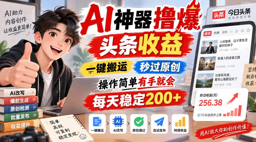 AI神器撸爆头条收益,一键搬运,秒过原创,操作简单有手就会,每天稳定200+ AI神器撸爆头条收益,一键搬运,秒过原创,操作简单有手就会,每天稳定200+
