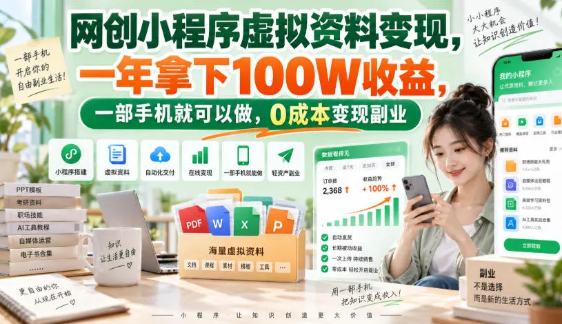 网创小程序虚拟资料变现,一年拿下100W收益,一部手机就可以做,0成本变现副业! 网创小程序虚拟资料变现,一年拿下100W收益,一部手机就可以做,0成本变现副业!