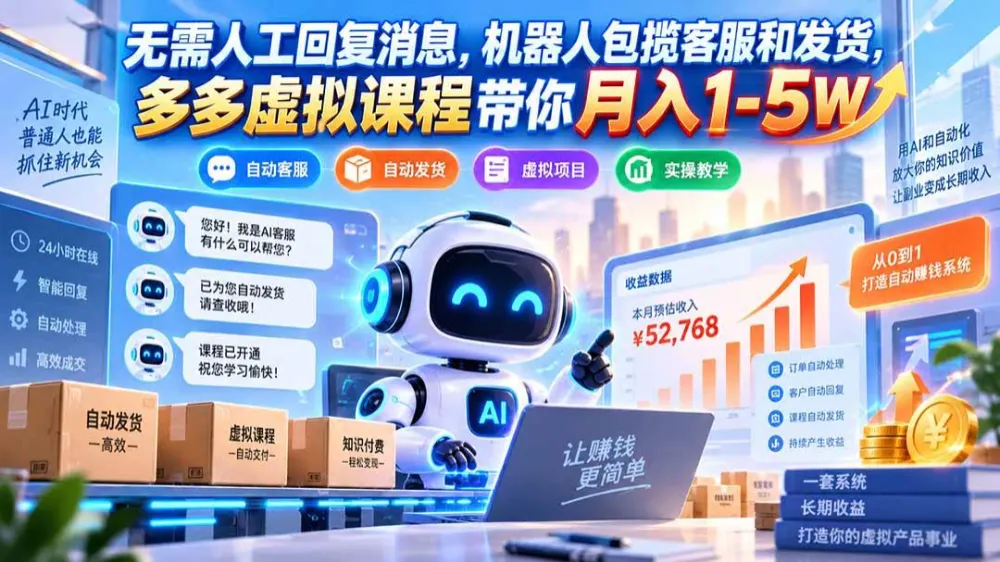 无需人工回复消息,机器人包揽客服和发货,多多虚拟课程带你月入1-5W 无需人工回复消息,机器人包揽客服和发货,多多虚拟课程带你月入1-5W