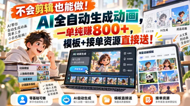 不会剪辑也能做！AI全自动生成动画，一单纯賺800+，模板+接单资源直接送！