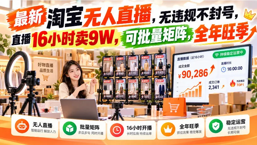 最新淘宝无人直播,无违规不封号,直播16小时卖9W,可批量矩阵,全年旺季 最新淘宝无人直播,无违规不封号,直播16小时卖9W,可批量矩阵,全年旺季