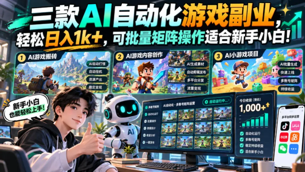三款AI自动化游戏副业,轻松日入1k+,可批量矩阵操作适合新手小白! 三款AI自动化游戏副业,轻松日入1k+,可批量矩阵操作适合新手小白!
