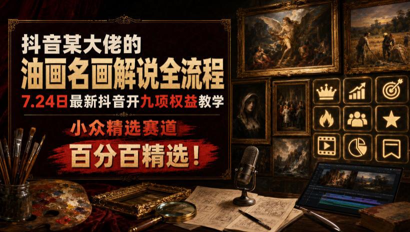 抖音某大佬的油画名画解说全流程，7.24日最新抖音开九项权益教学，小众精选赛道，百分百精选！