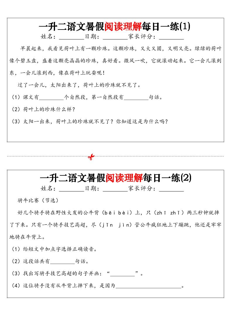 一升二语文暑假阅读理解每日一练32天(16页)-二上语文