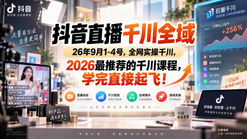 抖音直播千川全域26年9月1-4号,全网实操千川,2026最推荐的千川课程,学完直接起飞!
