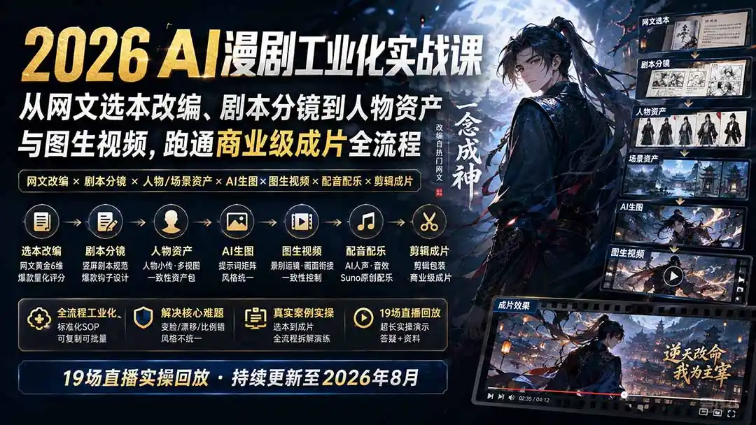 2026 AI漫剧工业化实战课-更新:从网文选本改编、剧本分镜到人物资产与图生视频,跑通商业级成片全流程