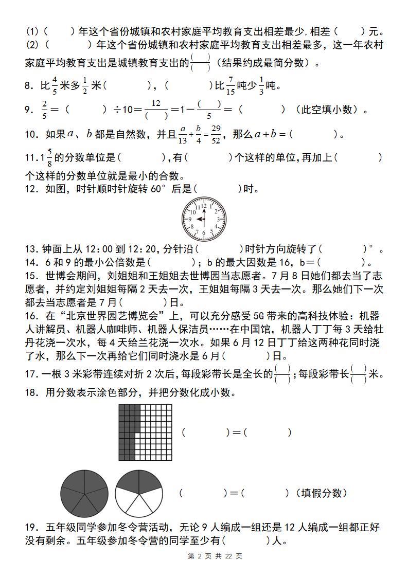 五下数学【期末复习五大专题精炼(专题一:填空)】