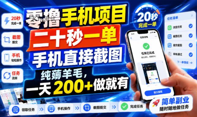 零撸手机项目，二十秒一单，手机直接截图，纯薅羊毛，一天200+做就有【揭秘】