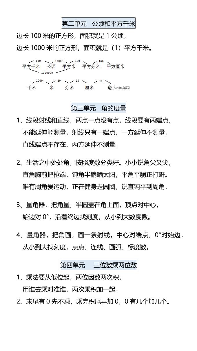 【2025秋新版】四年级数学上册各单元知识点顺口溜,假期学习