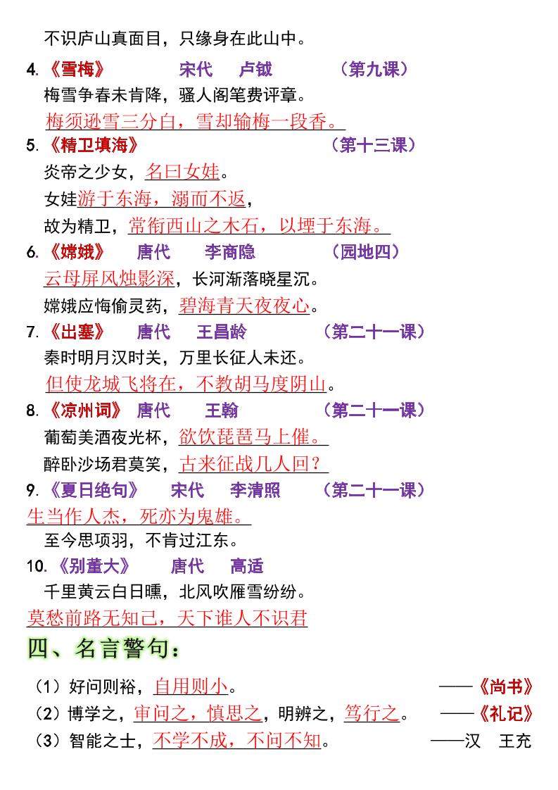 全册高频考点归类(节选)】四上语文