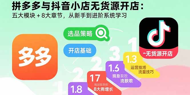 拼多多与抖音小店无货源开店:五大模块+8大章节,从新手到进阶系统学习