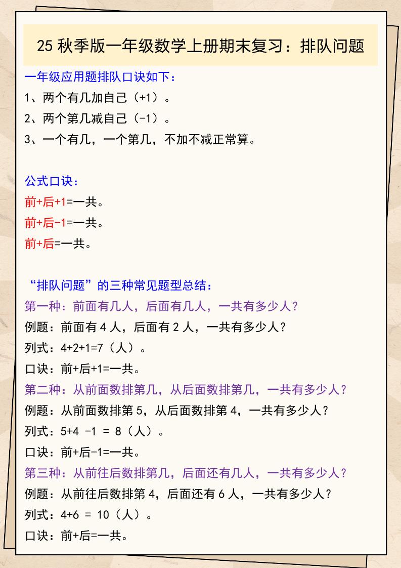 【2025秋新版】一年级数学上册期末复习:排队问题