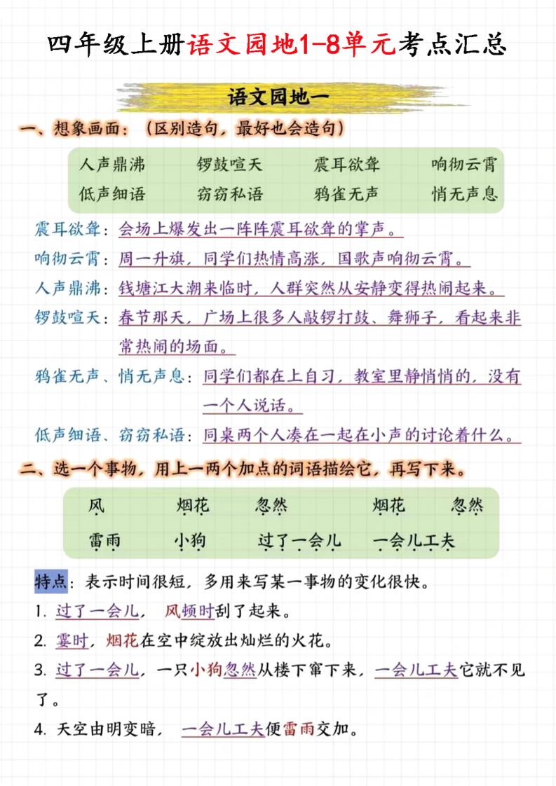 四上语文园地1-8单元考点汇总(15页)
