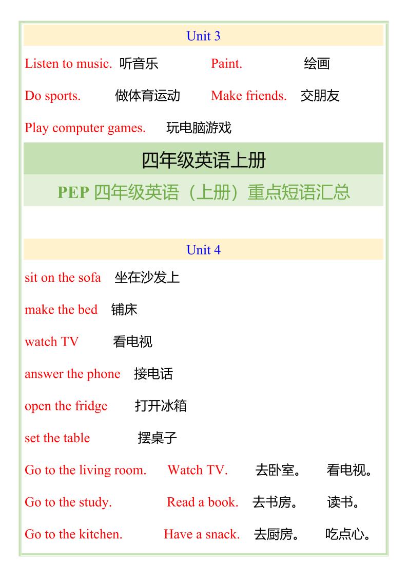 【2025秋新版】四年级英语(上册)重点短语汇总