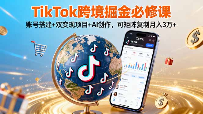 TikTo跨境掘金必修课,账号搭建+双变现项目+AI创作,可矩阵复制月入3万+