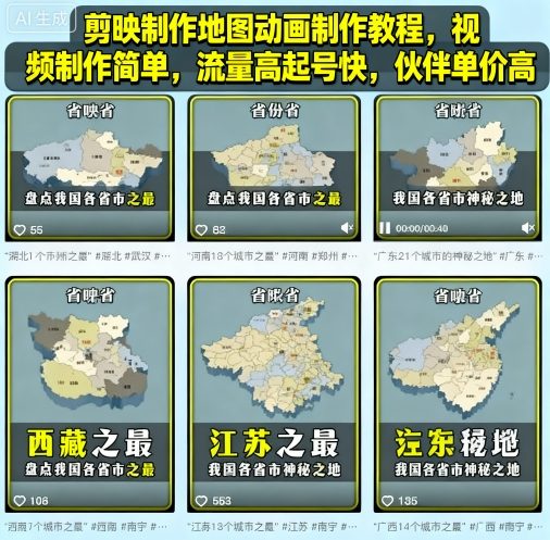 剪映制作地图动画制作教程，视频制作简单，流量高起号快，伙伴单价高