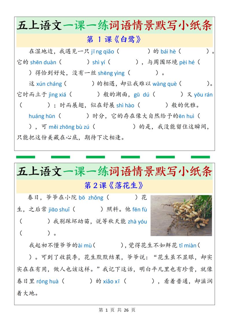 五上语文一课一练词语情景默写小纸条(含答案26页)