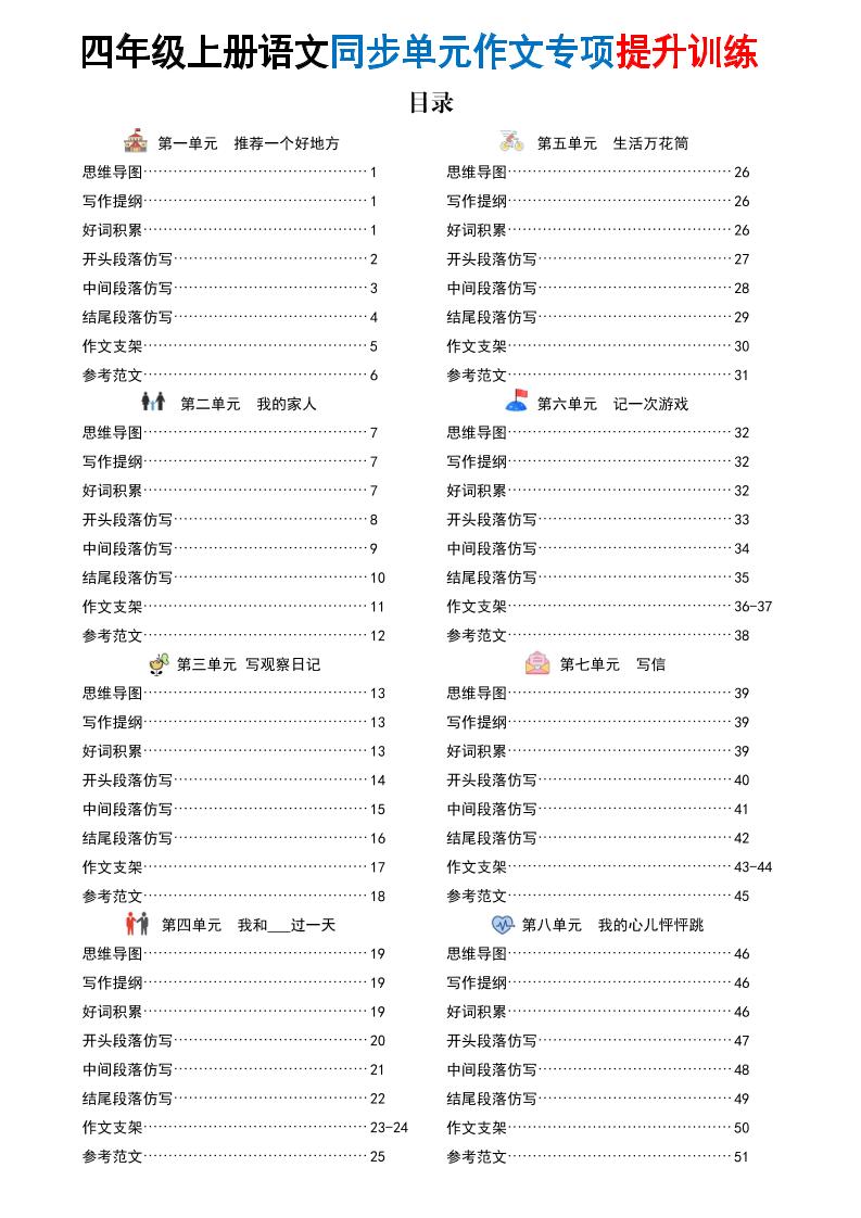 新四上语文同步单元作文专项提升训练（52页）