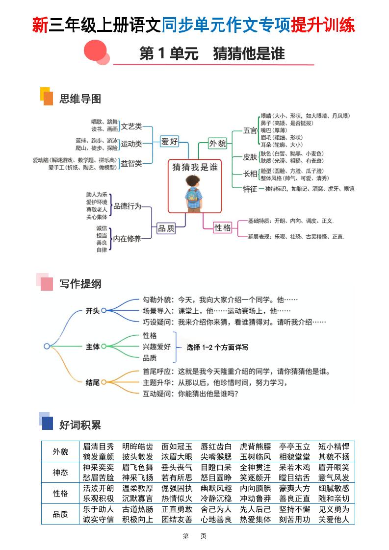 新三上语文同步单元作文专项提升训练(48页)