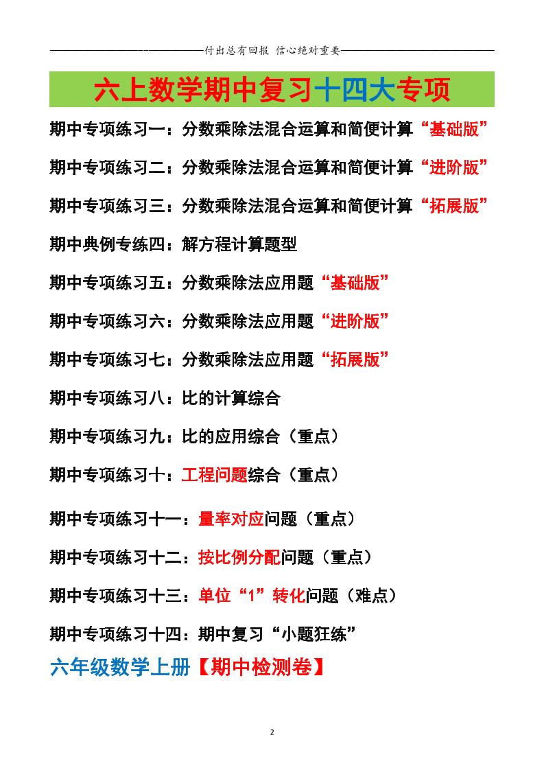 六上数学期中专项复习（十四大专项）空白67页