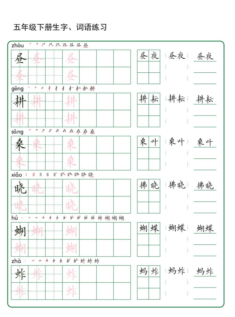 五年级下册语文生字词语练字（秋版）