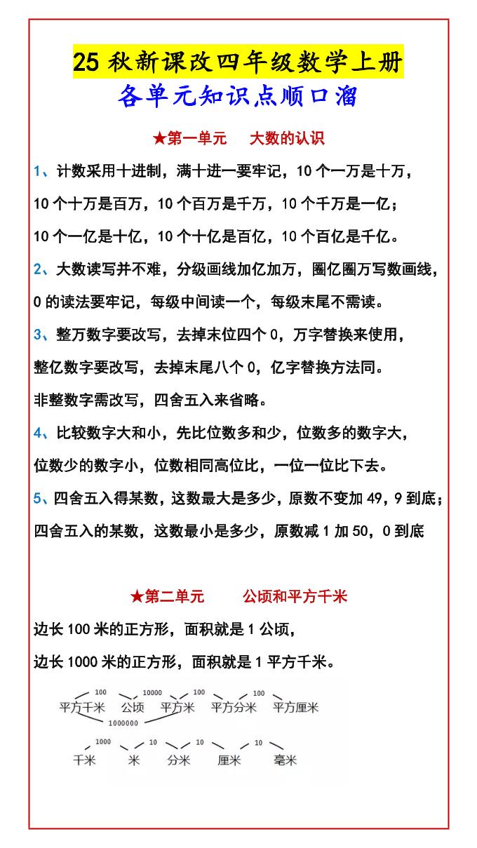 四年级上数学知识点汇总