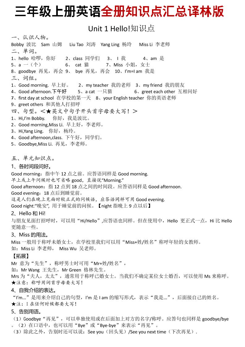 三年级上英语知识点汇总《译林版》