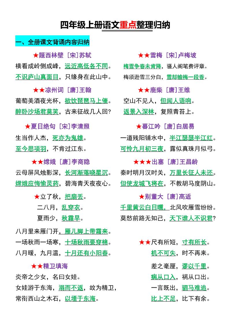 四年级上语文重点整理归纳