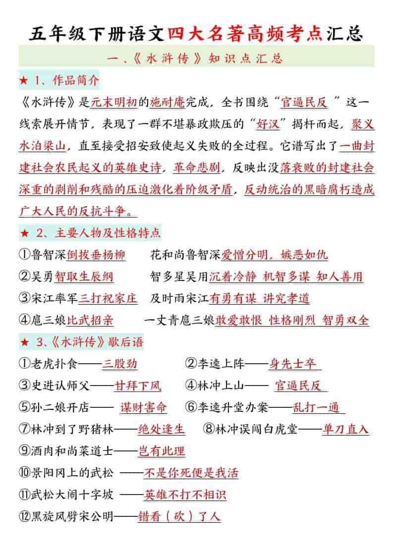 五年级下语文四大名著高频考点