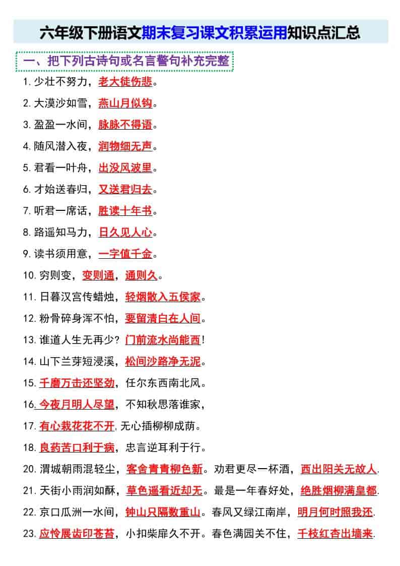 六年级下语文期末复习课文积累运用知识点汇总
