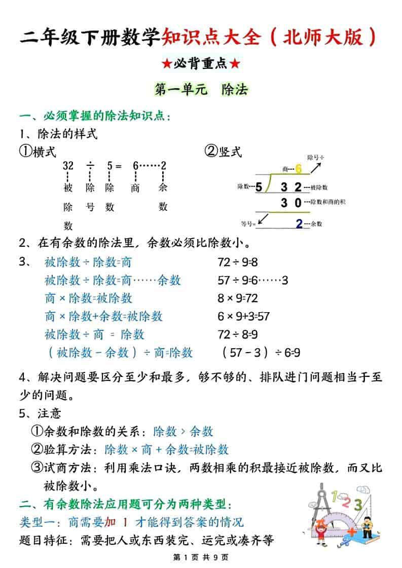 二年级下数学知识点大全.《北师版》