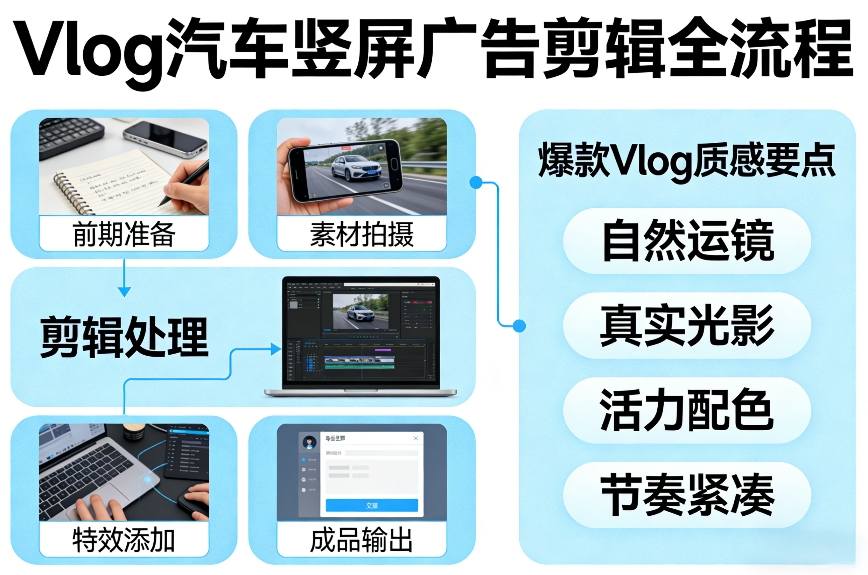 Vlog感觉汽车竖屏广告剪辑脚本全流程，拿捏爆款Vlog质感