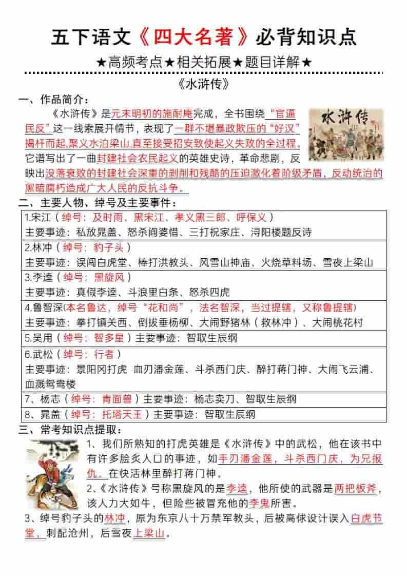 五年级下语文《四大名著》必背知识点
