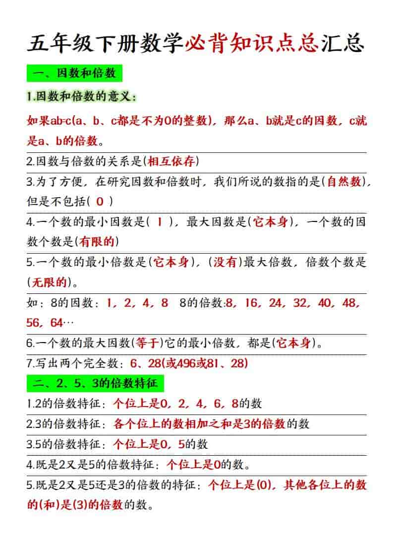 五年级下数学必背知识点总复习汇总《人教版》