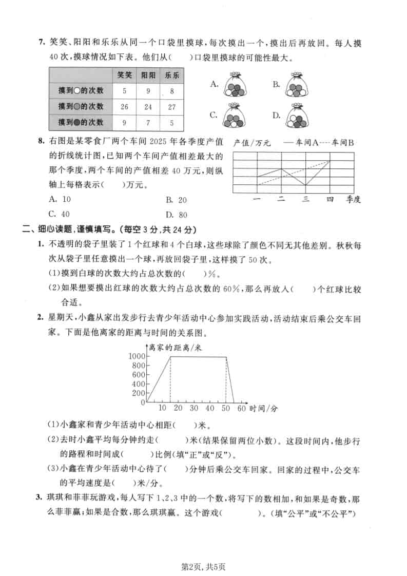 六年级下数学统计与可能性专项测试卷《苏教版》