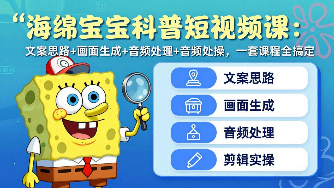 海绵宝宝科普短视频课:文案思路+画面生成+音频处理+剪辑实操,一套课程全搞定