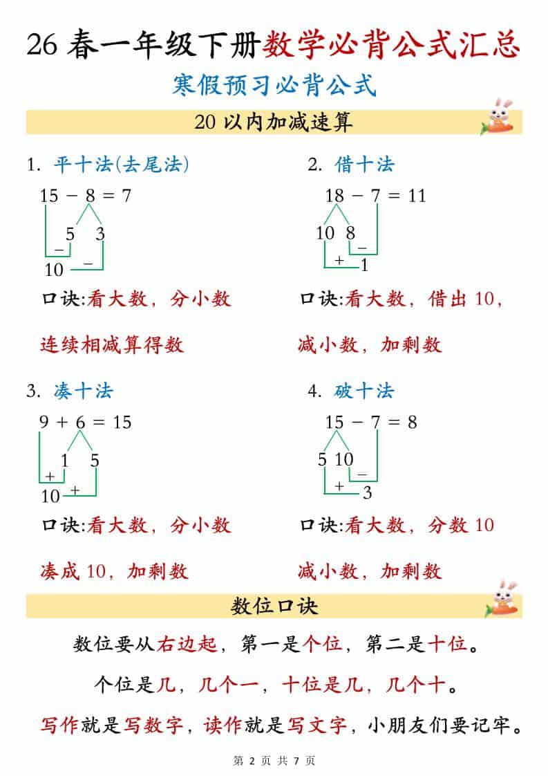 一年级下数学必背公式汇总