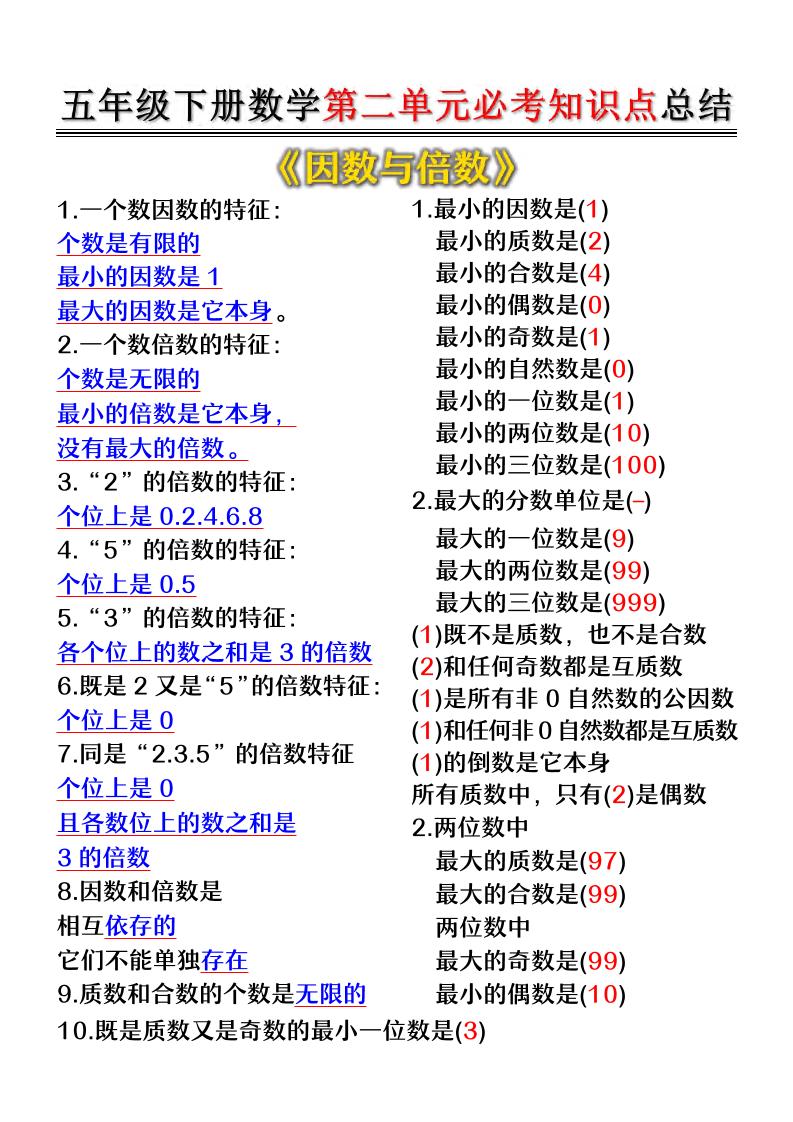 五年级下数学第二单元必考知识点总结