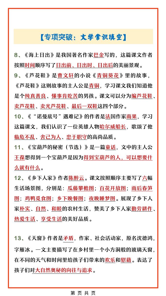 四年级下语文文学常识填空专项