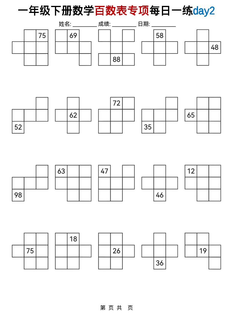 一年级下数学百数表专项每日一练