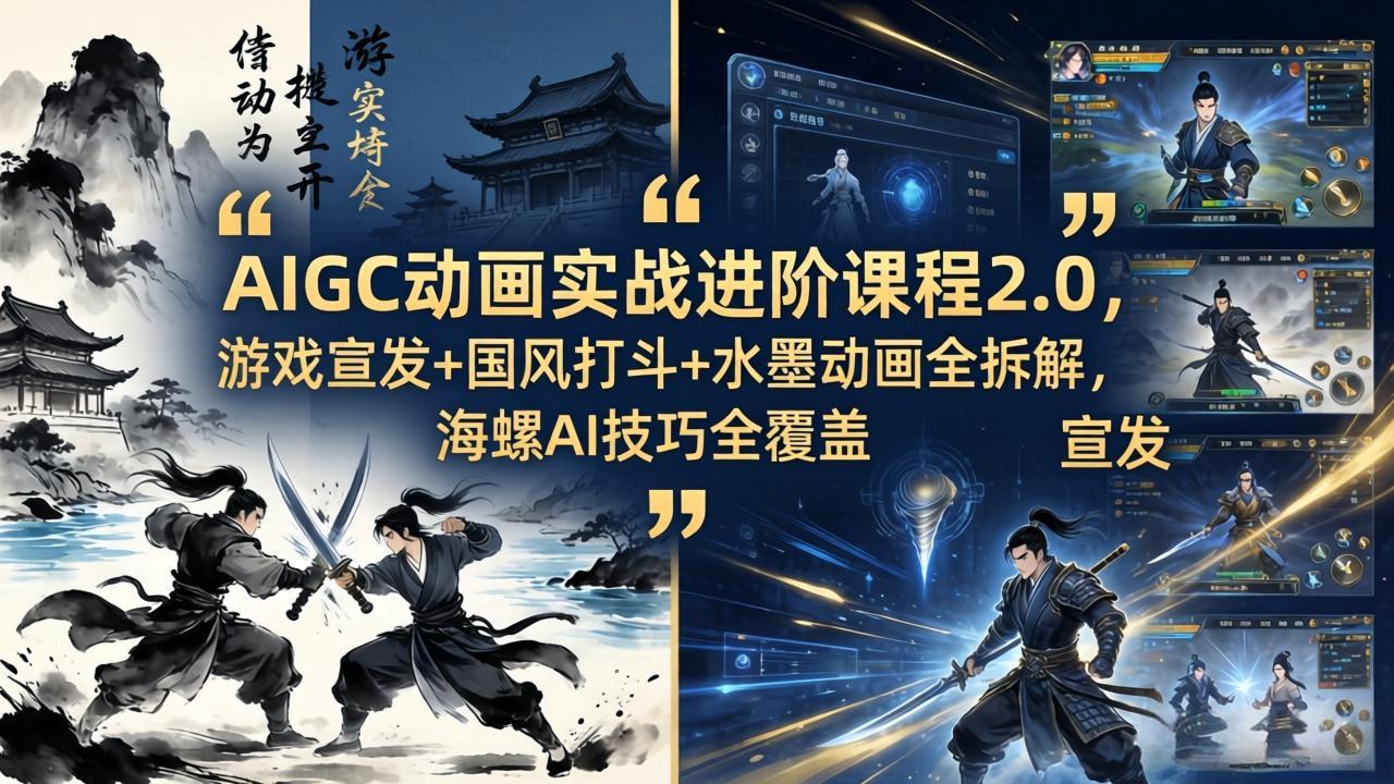 AIGC动画实战进阶课程2.0，游戏宣发+国风打斗+水墨动画全拆解，海螺AI技巧全覆盖