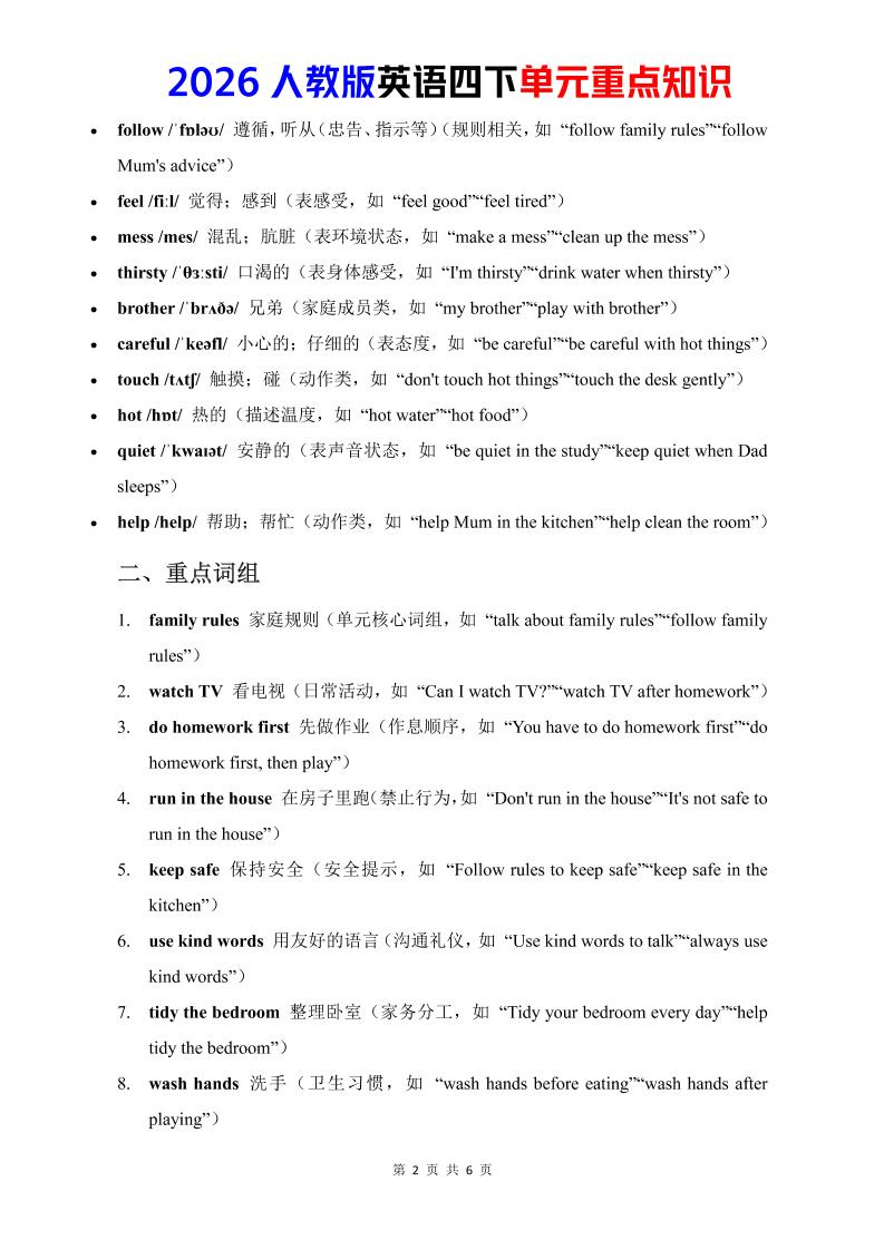 四年级下英语Unit2重点知识汇总《人教版PEP》