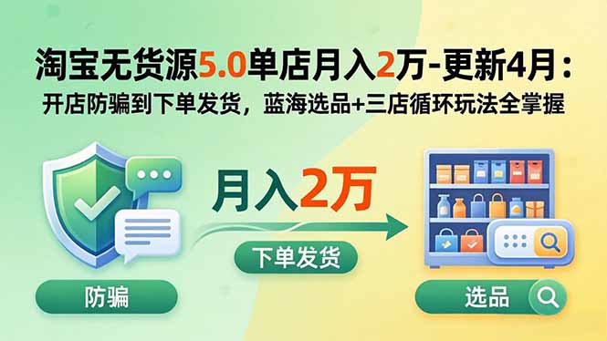 淘宝无货源5.0单店月入2万-更新5月:开店防骗到下单发货,蓝海选品+三店循环玩法全掌握